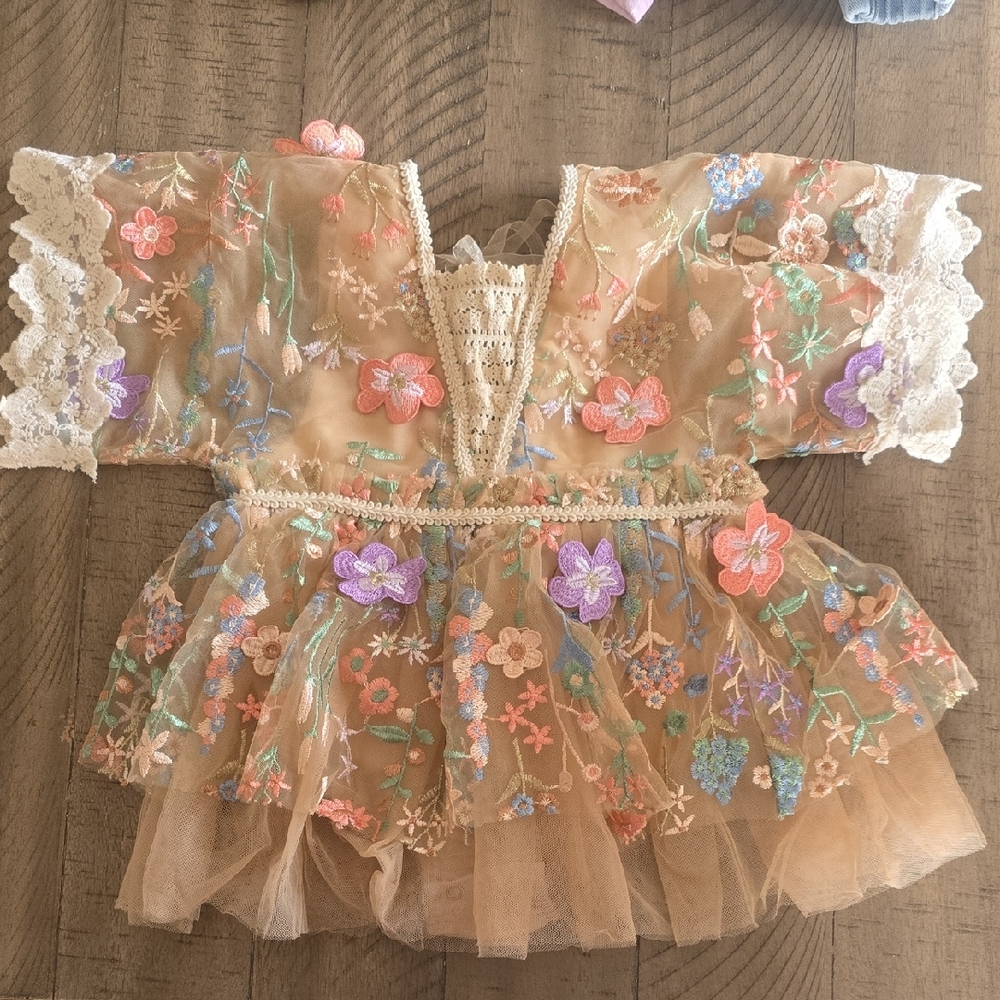 Girls Floral Embroidered Tulle Costume Dress - Cream